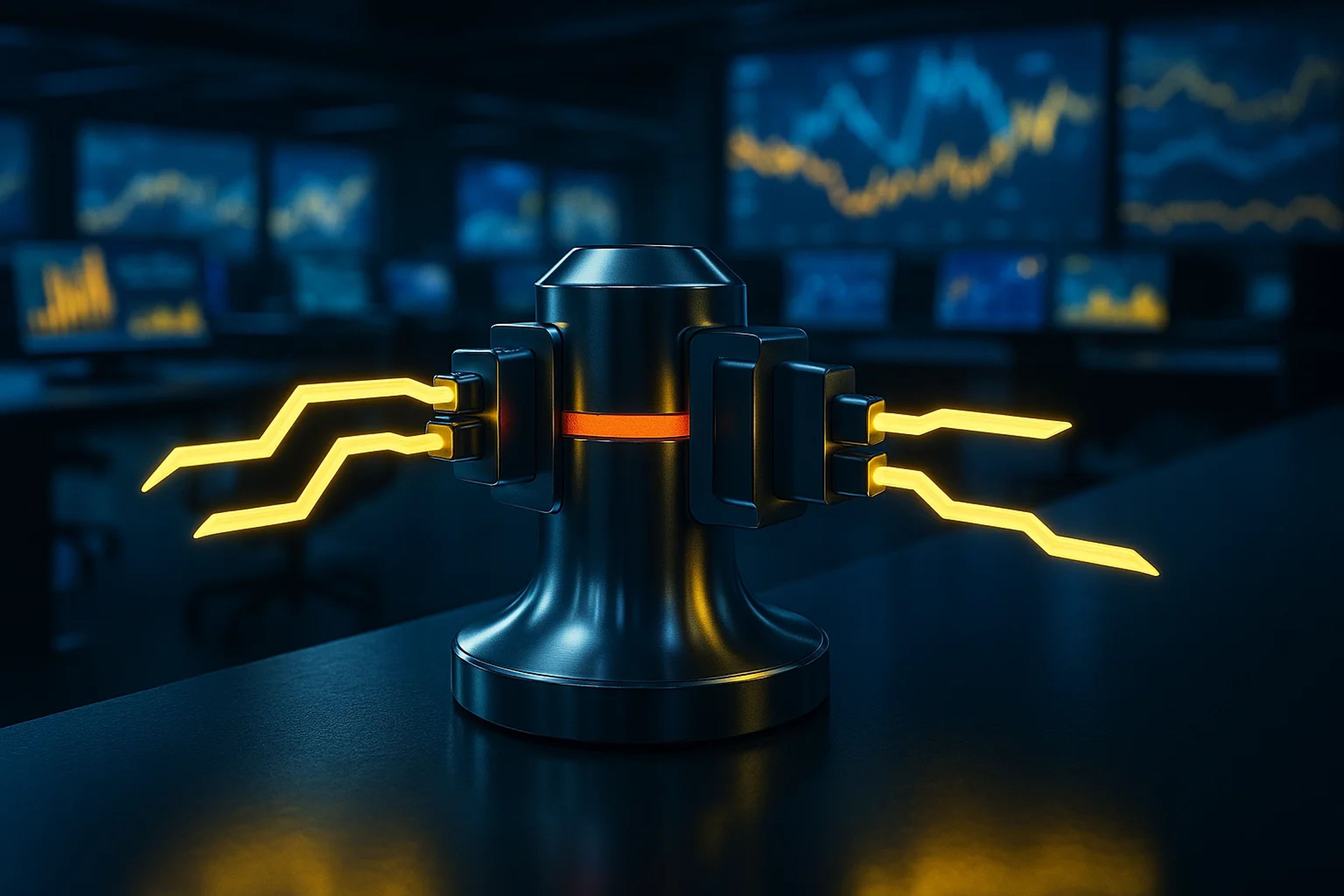 A metallic device with glowing yellow lightning