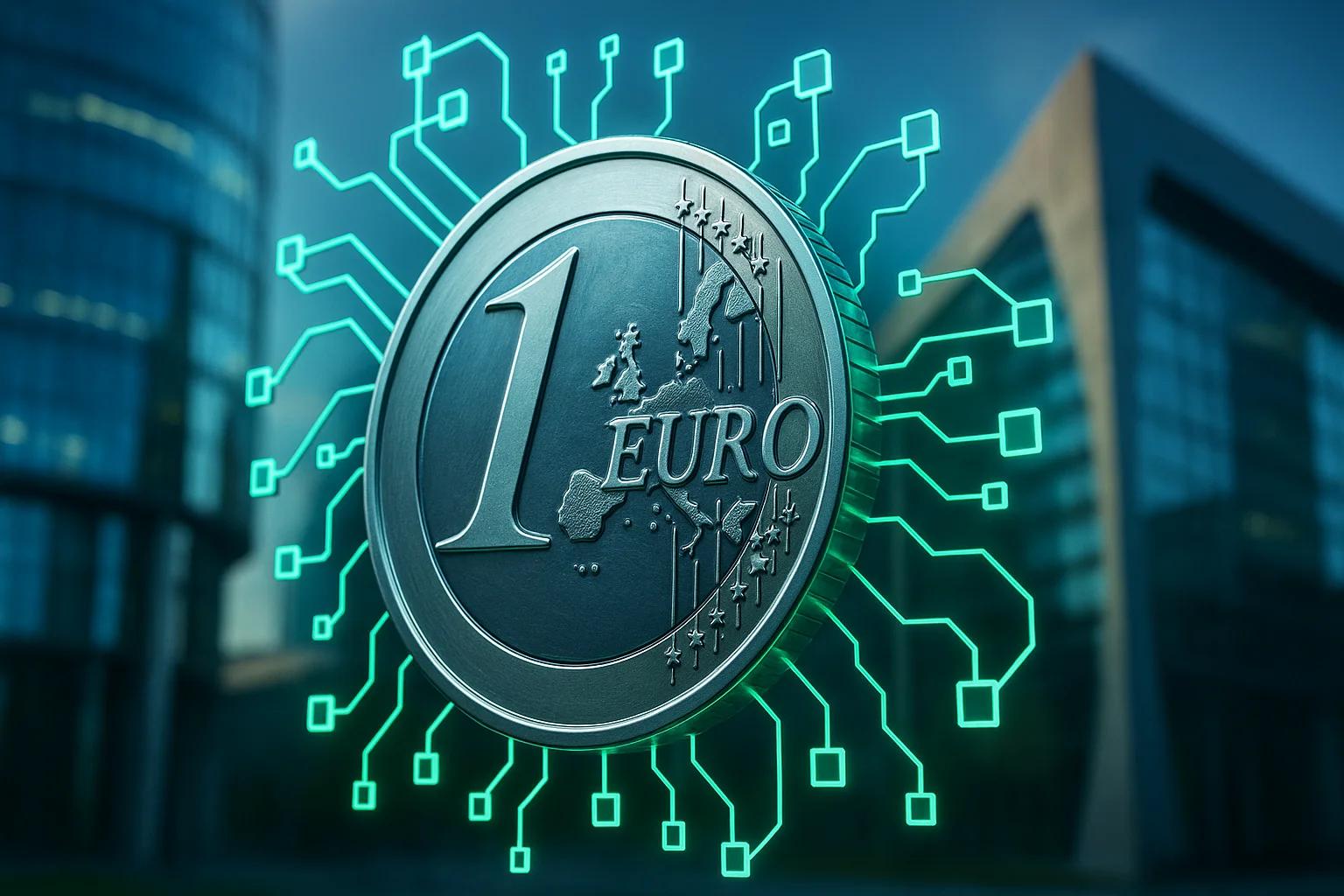 A 1 Euro coin surrounded by digital circuit