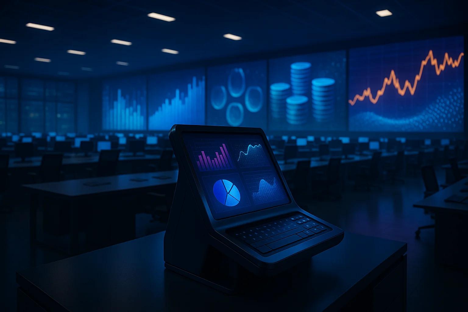 A digital display with graphs and charts in a