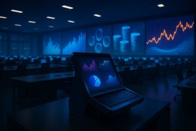 A digital display with graphs and charts in a