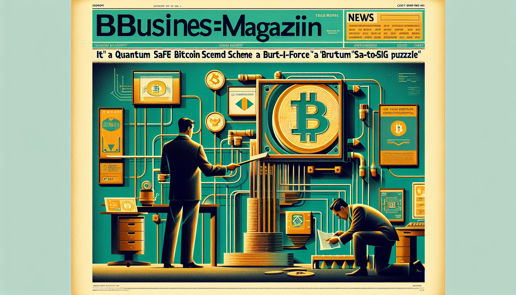 Two figures working with large Bitcoin symbol and