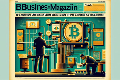 Two figures working with large Bitcoin symbol and