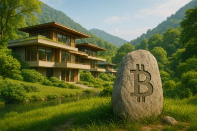 A large stone with a Bitcoin symbol in a green