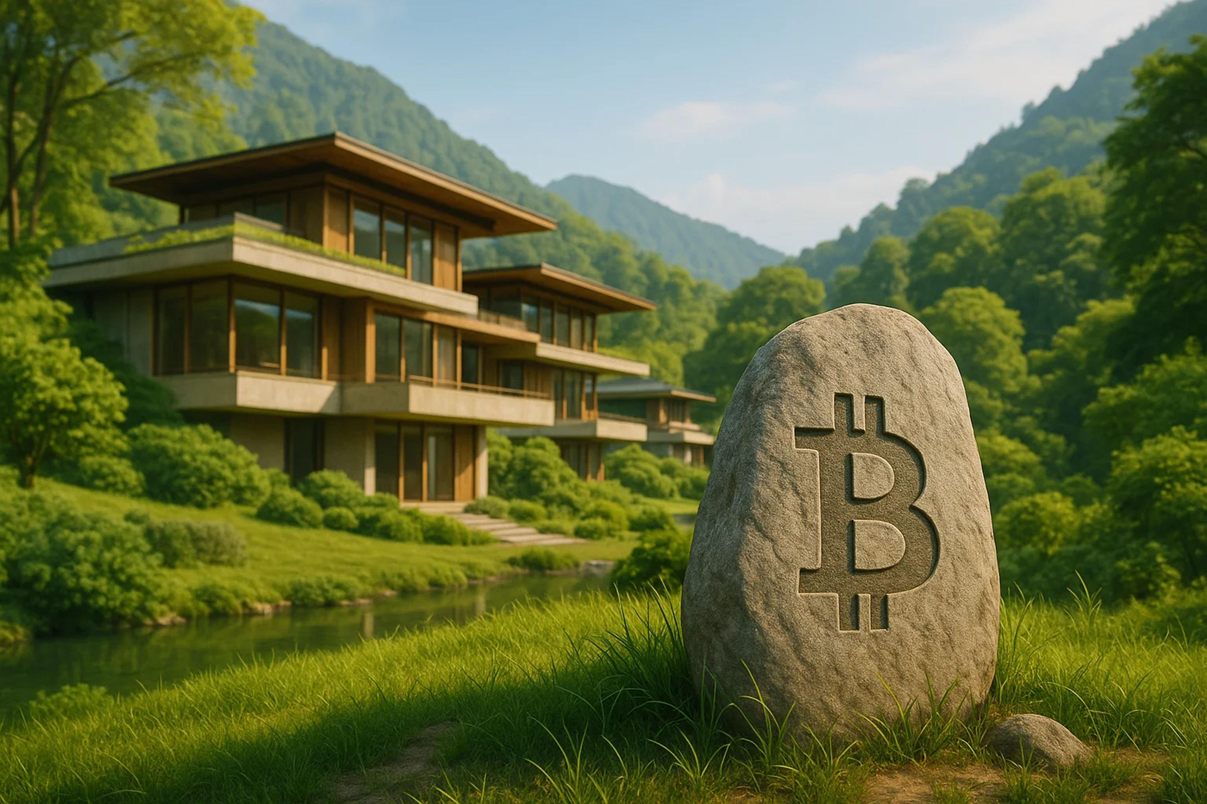 A large stone with a Bitcoin symbol in a green