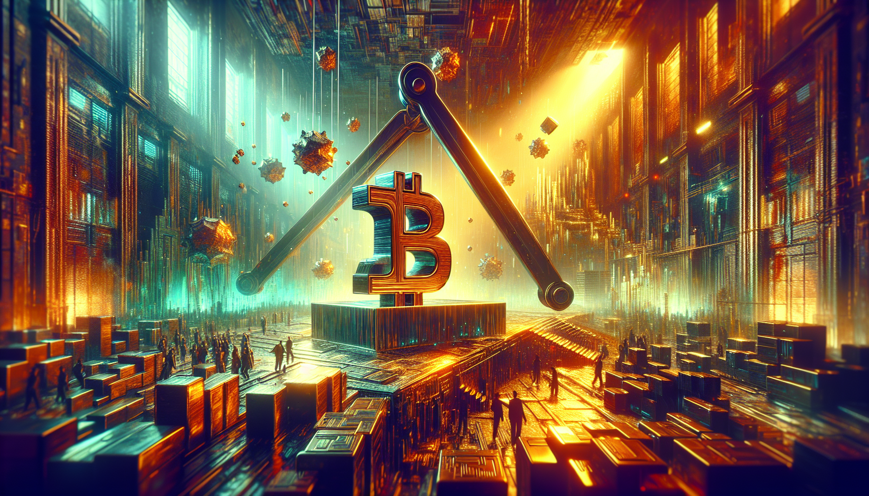 A futuristic warehouse with a large Bitcoin