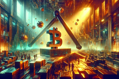 A futuristic warehouse with a large Bitcoin