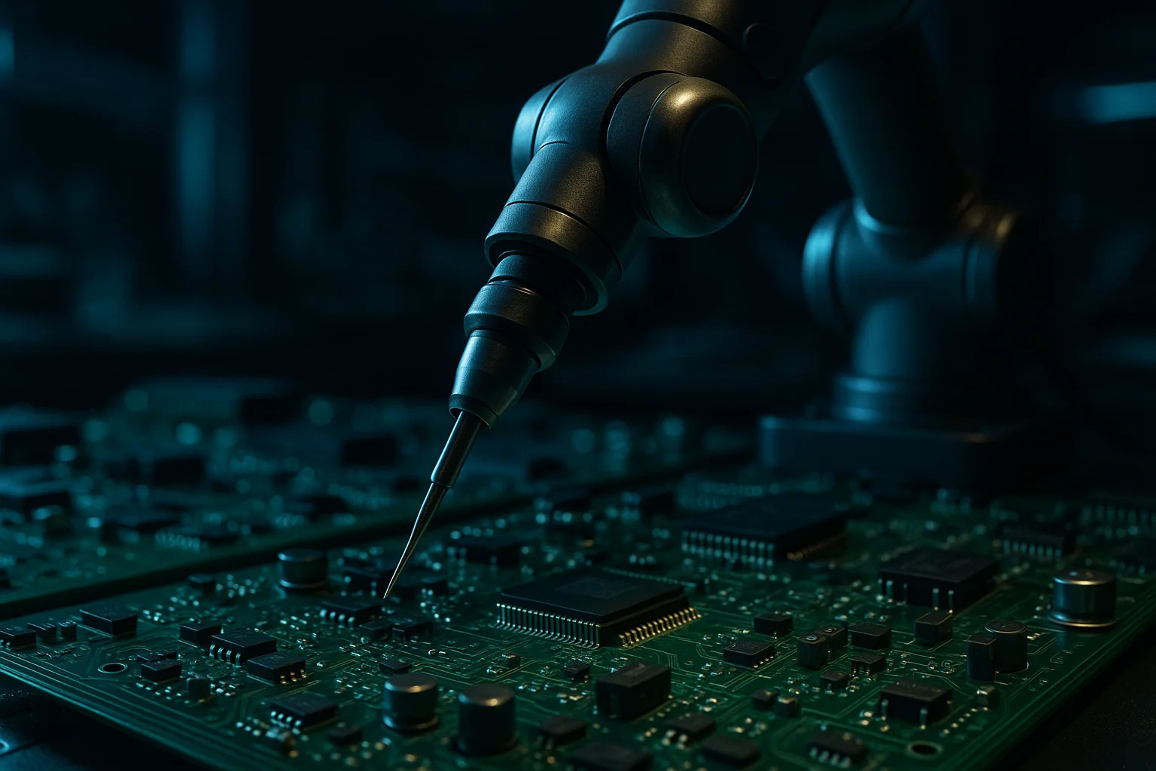 A robotic arm with a precision tool hovering over