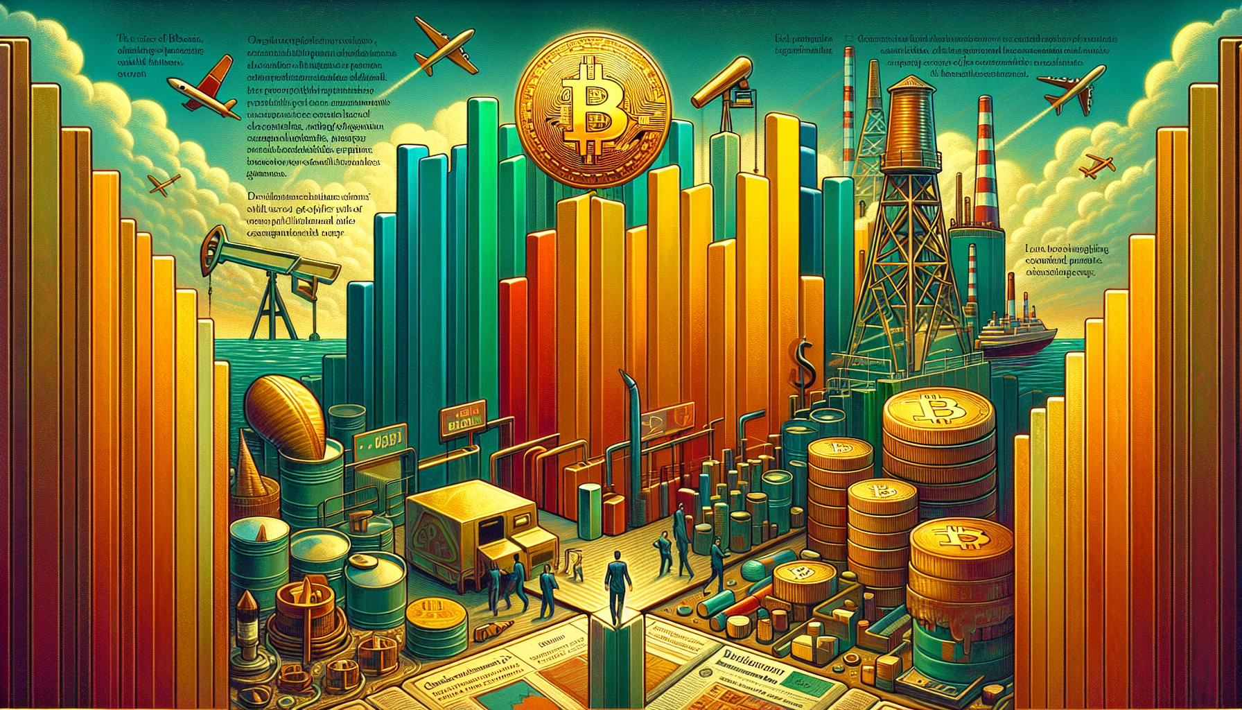 Colorful graphic depicting Bitcoin with bars