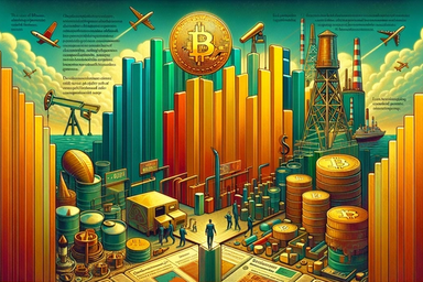 Colorful graphic depicting Bitcoin with bars