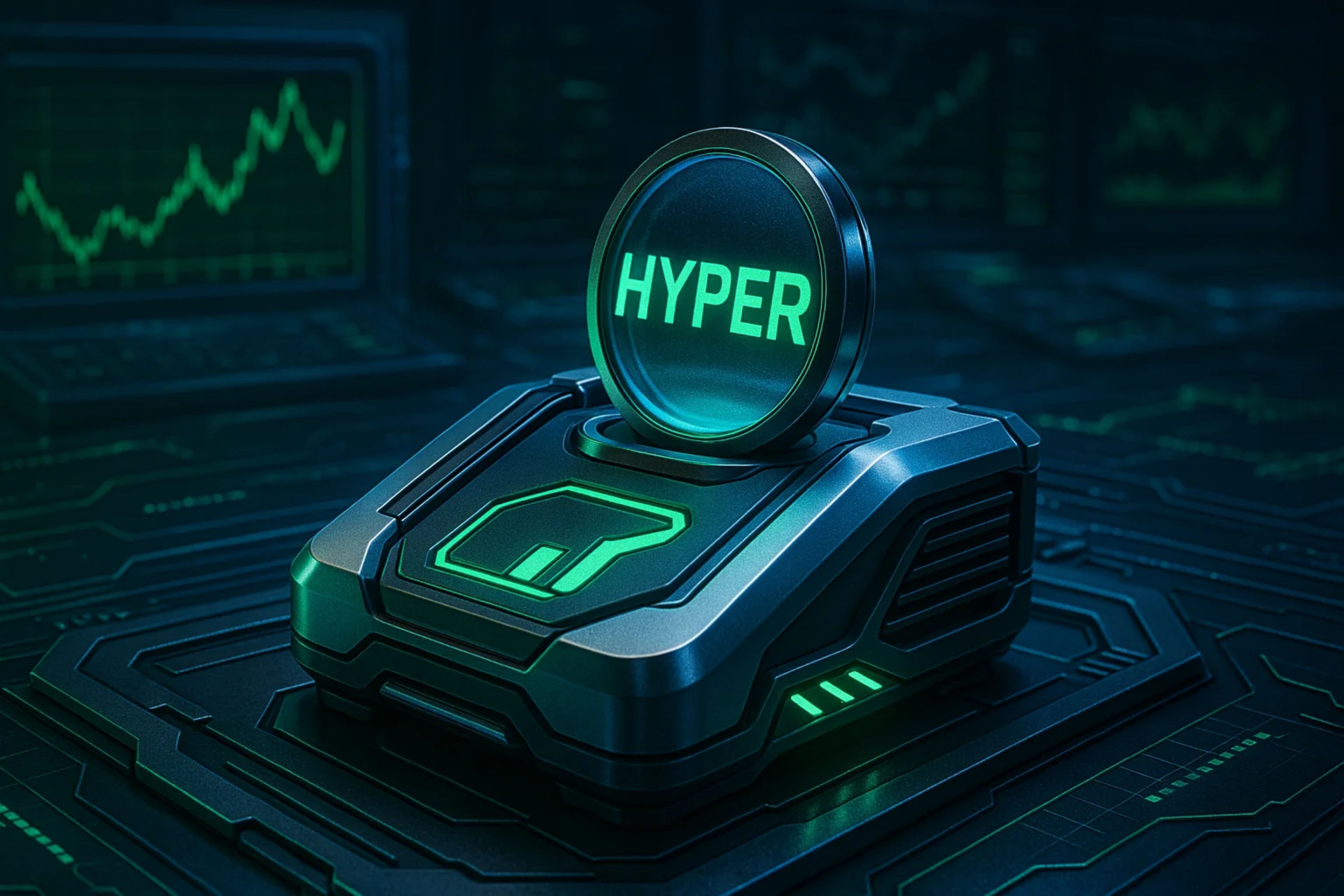 A metallic button labeled 'HYPER' with green