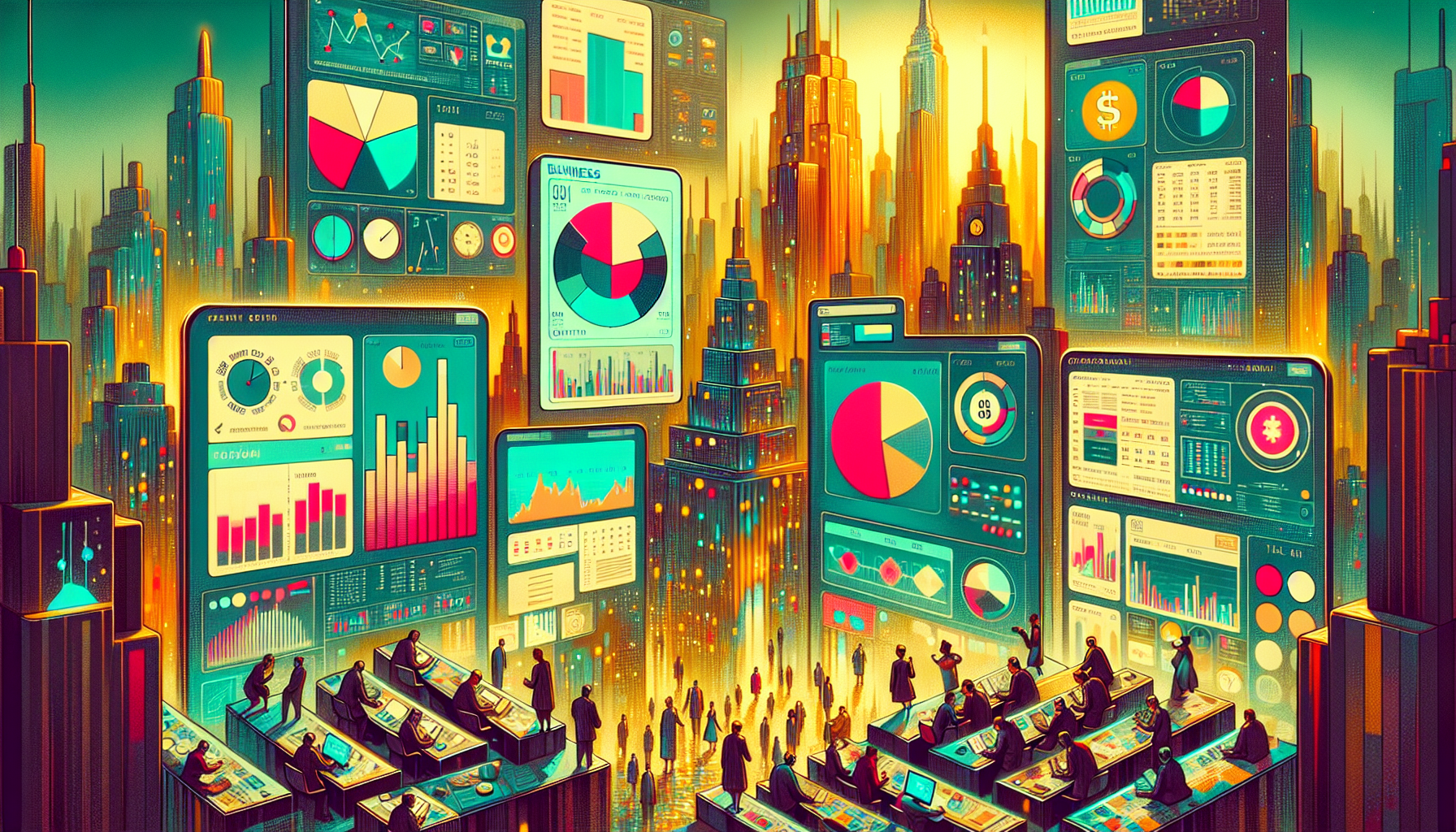 Colorful data visualizations in a cityscape