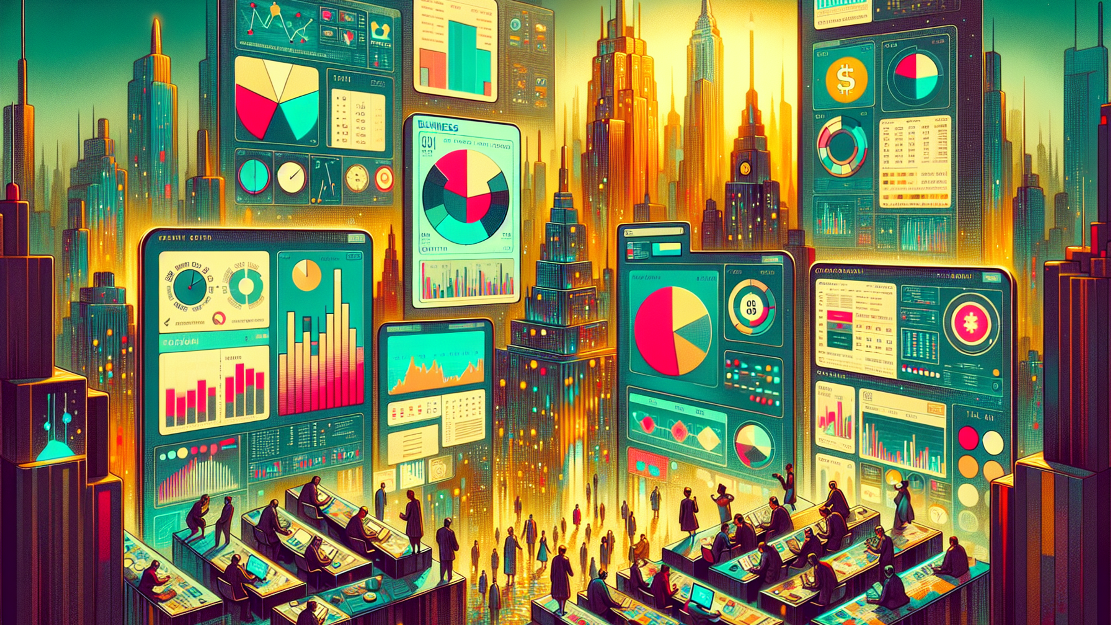 Colorful data visualizations in a cityscape