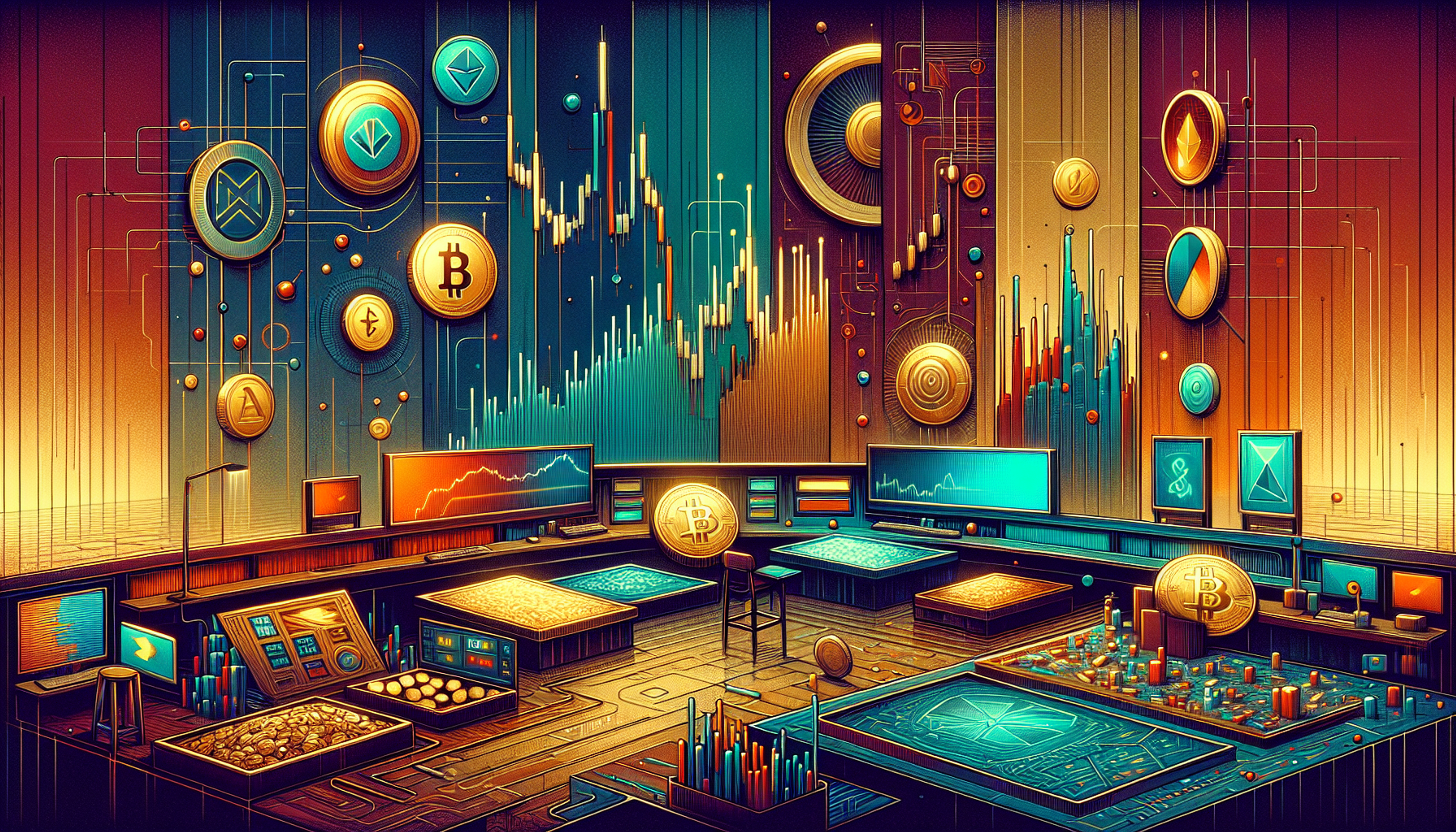 A futuristic trading room with digital screens