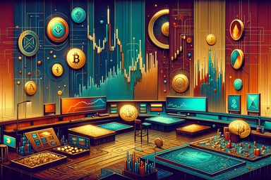 A futuristic trading room with digital screens