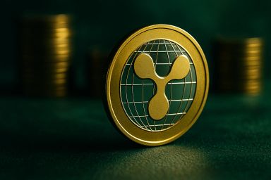 A gold coin with a globe design and three curved