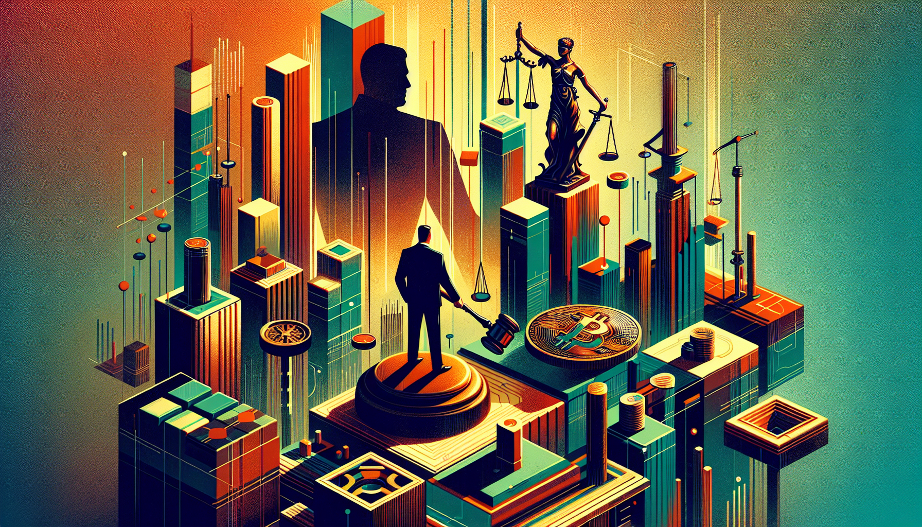 Abstract cityscape with legal symbols and figures