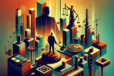 Abstract cityscape with legal symbols and figures