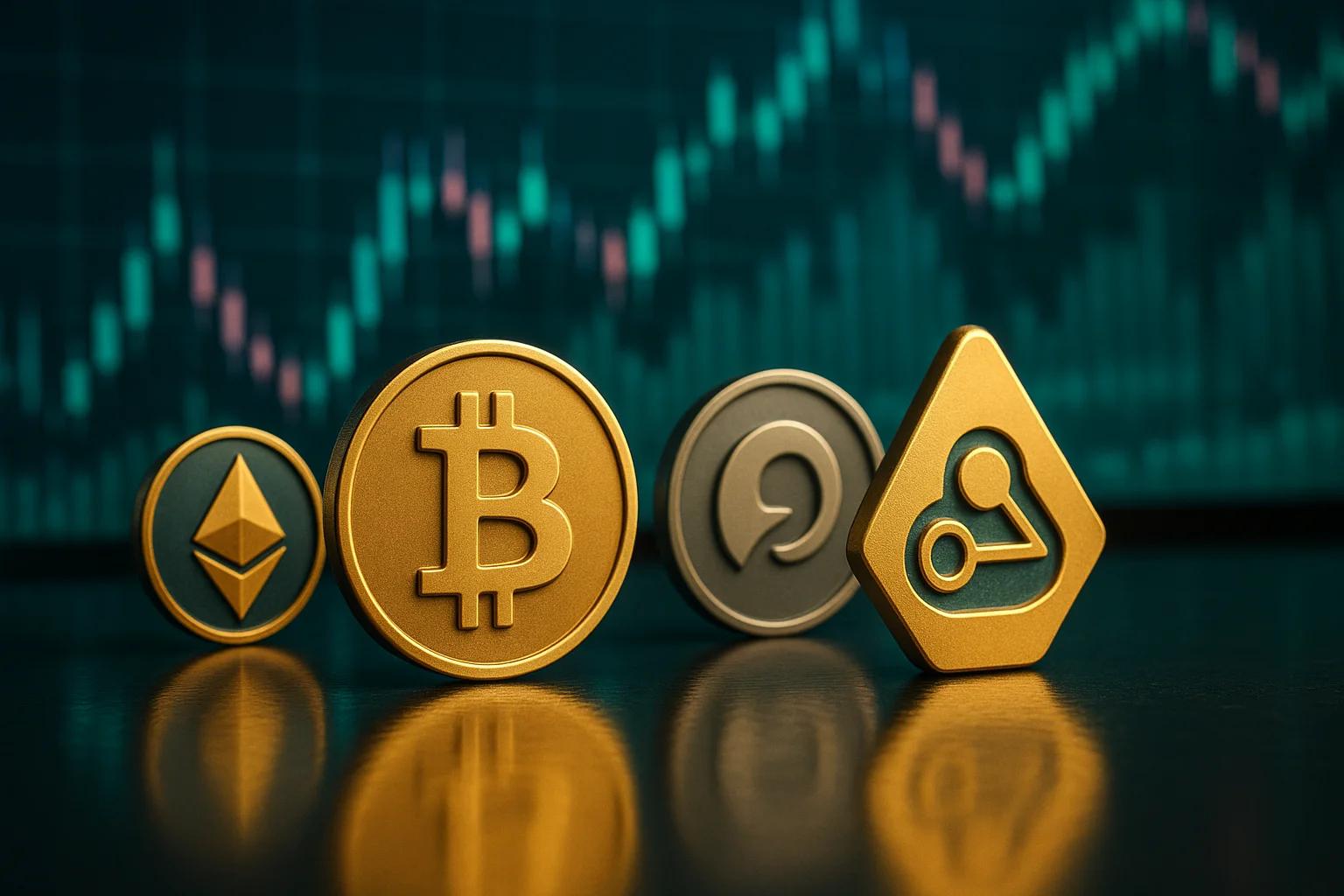 Various cryptocurrency coins arranged in a row