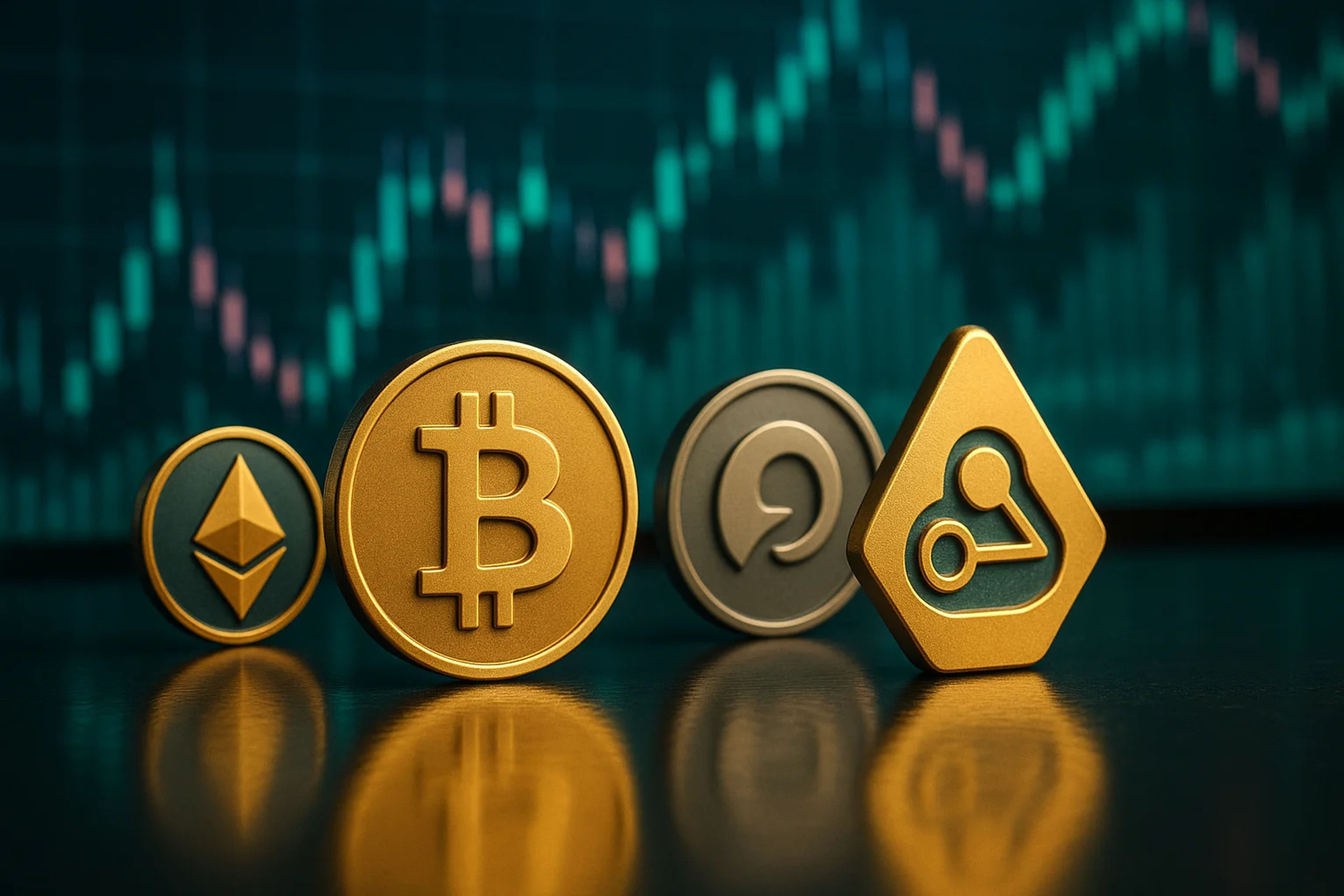 Various cryptocurrency coins arranged in a row