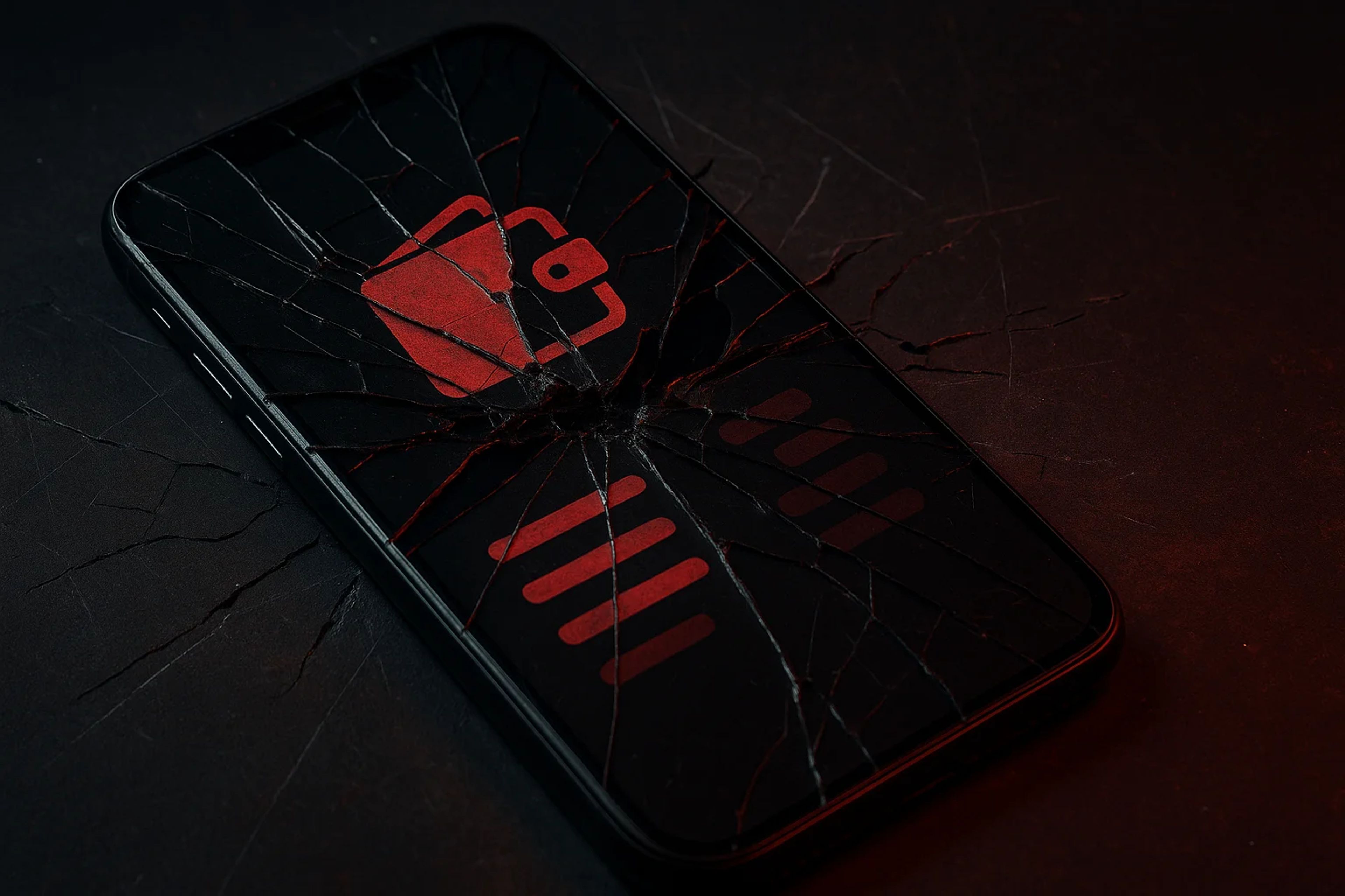 A cracked smartphone screen with a red battery