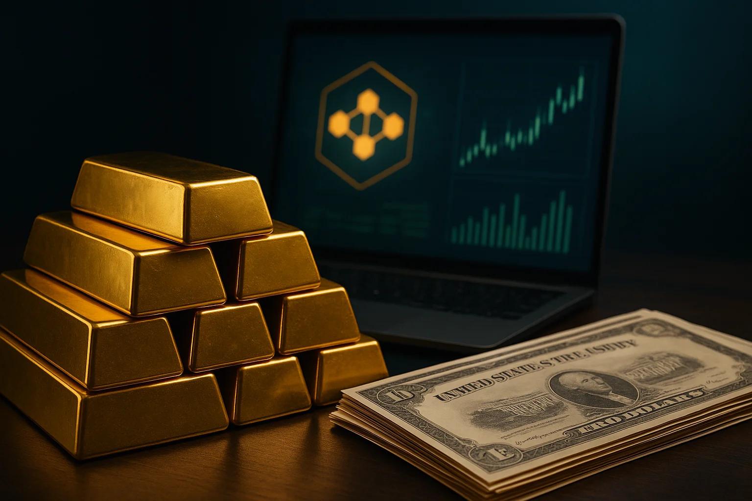Stacks of gold bars beside a laptop displaying
