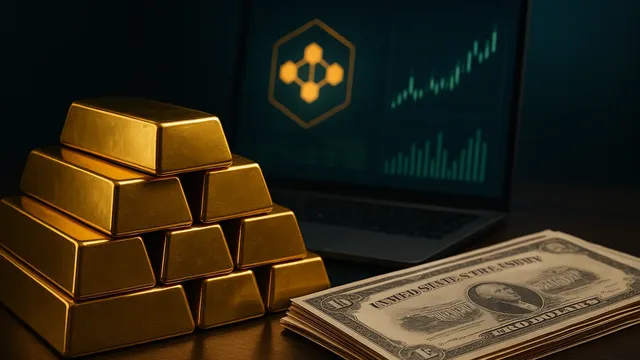 Stacks of gold bars beside a laptop displaying