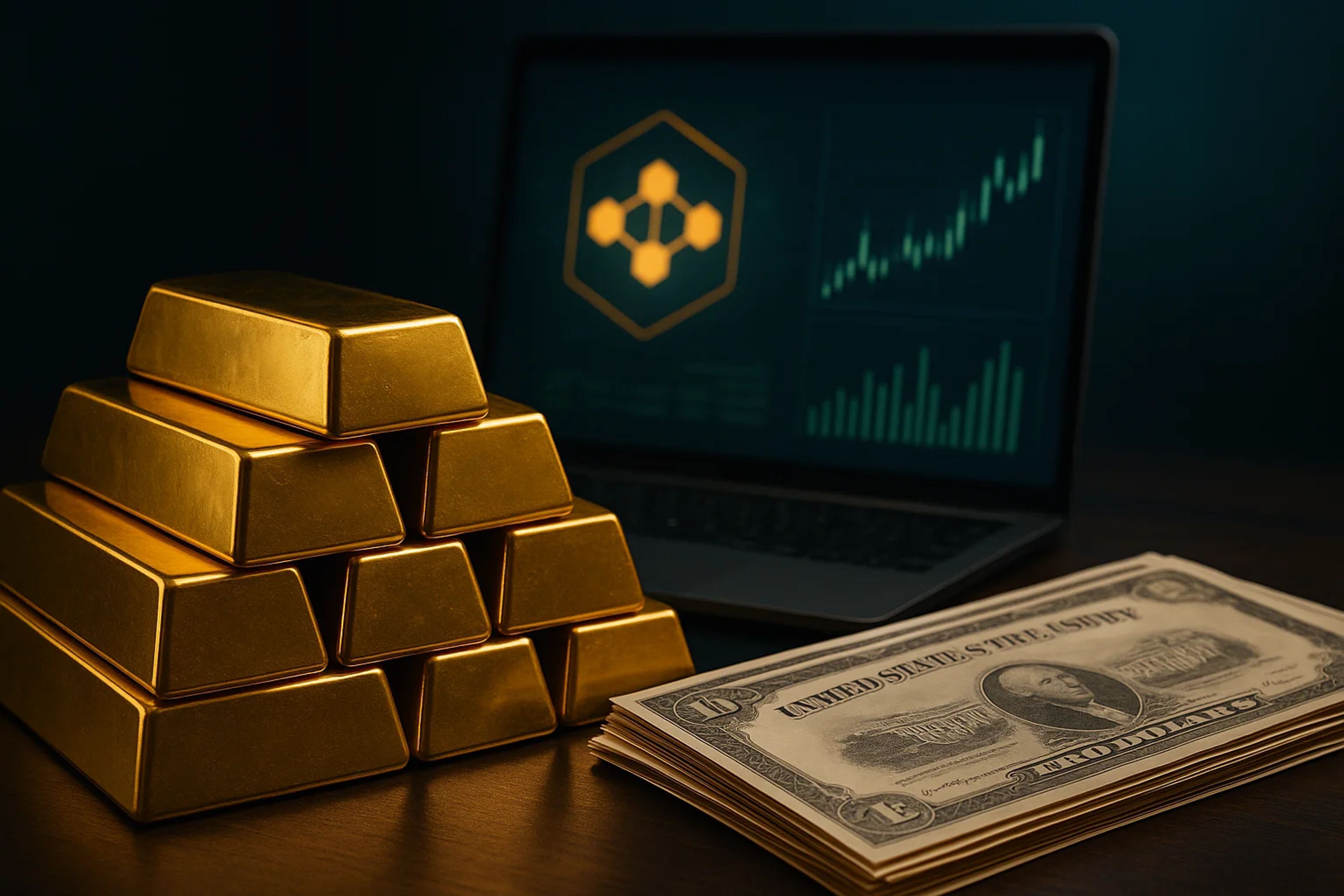 Stacks of gold bars beside a laptop displaying