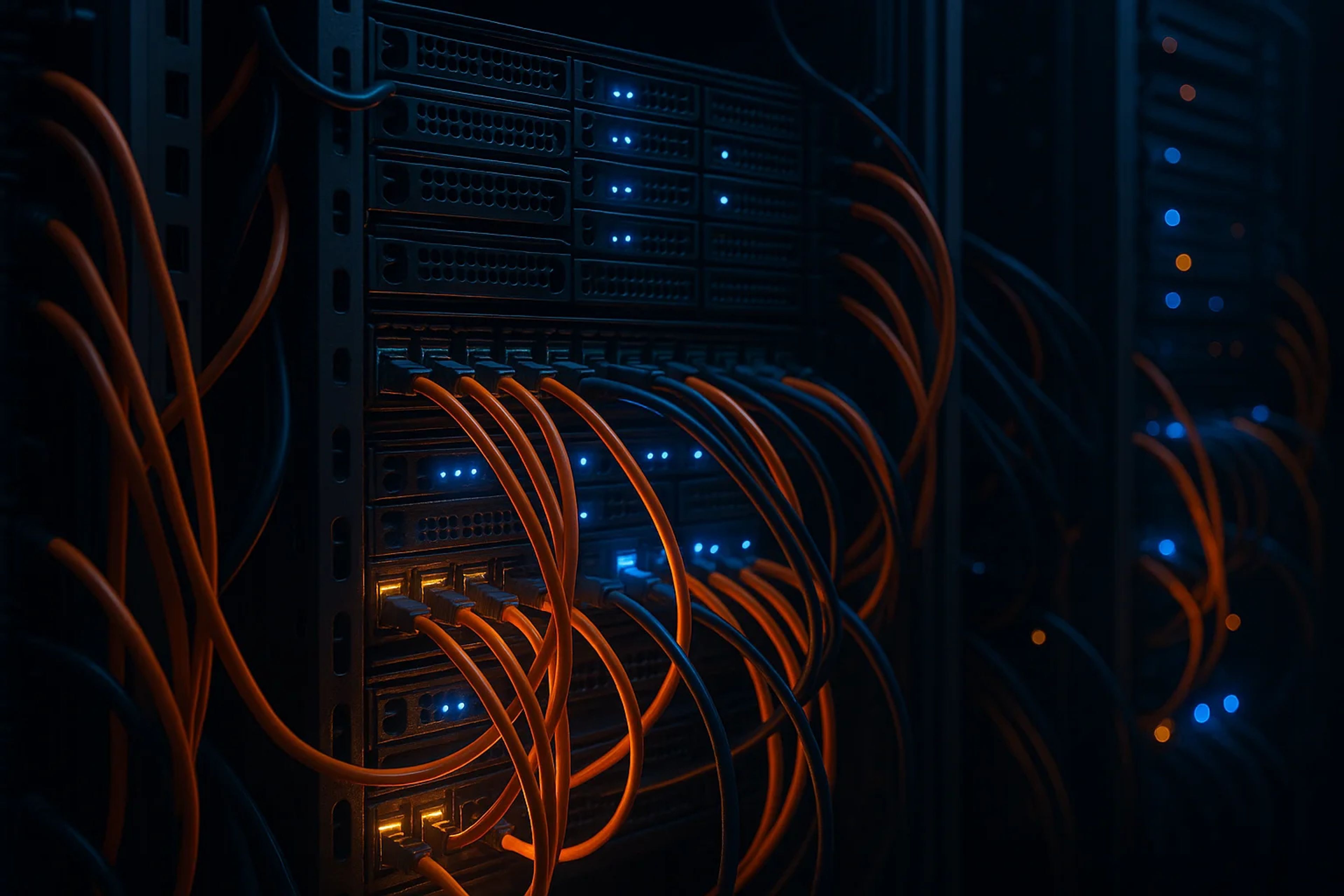 Dark server room with illuminated cables
