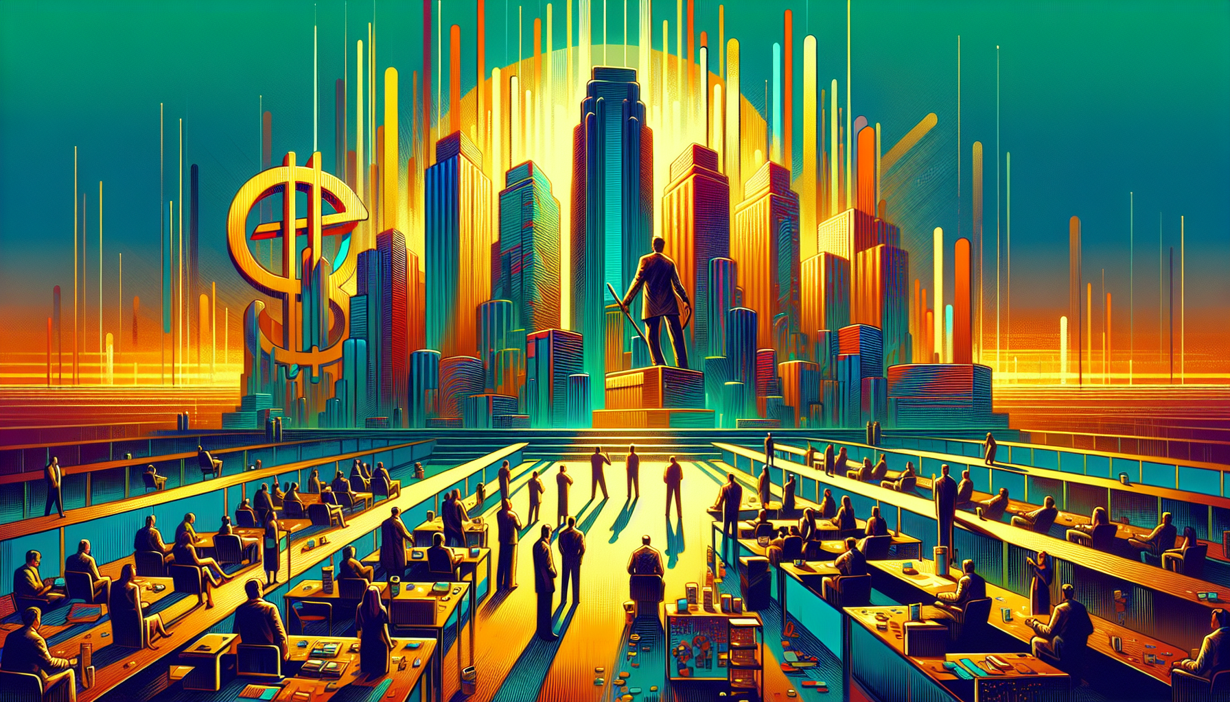 Silhouetted figures in a vibrant cityscape with