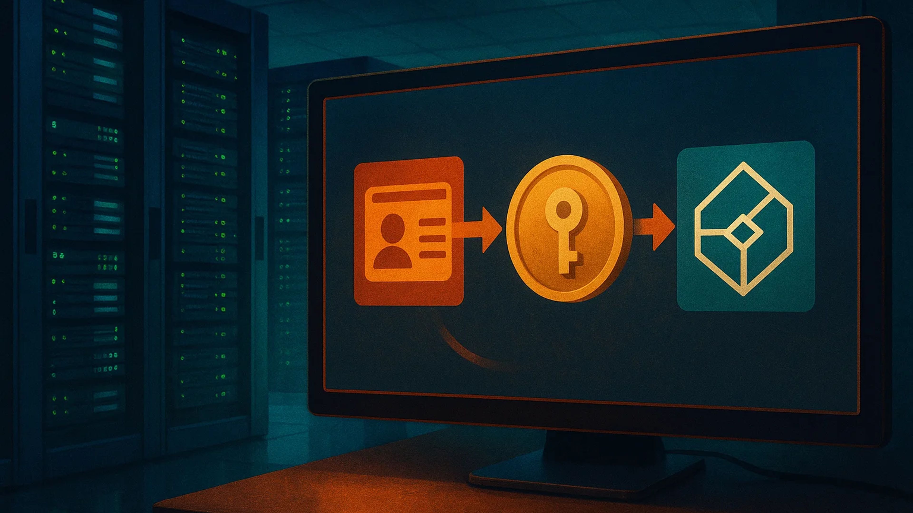 A computer monitor displaying a key symbol and