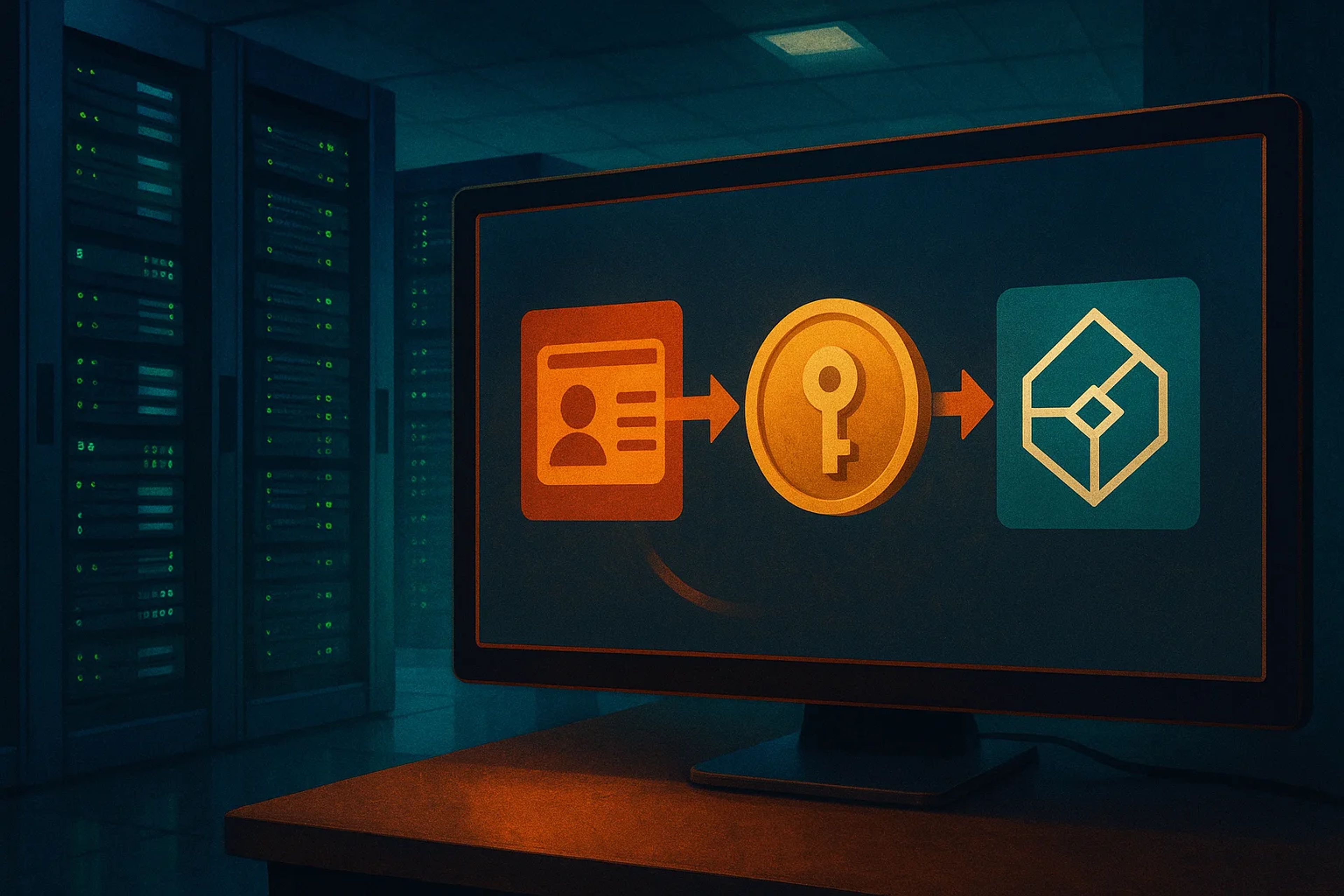 A computer monitor displaying a key symbol and