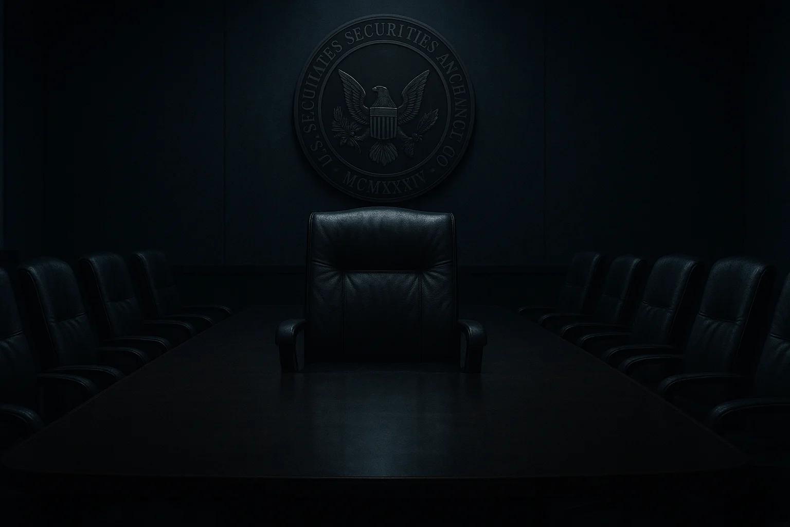 Dark conference room with a central chair and seal