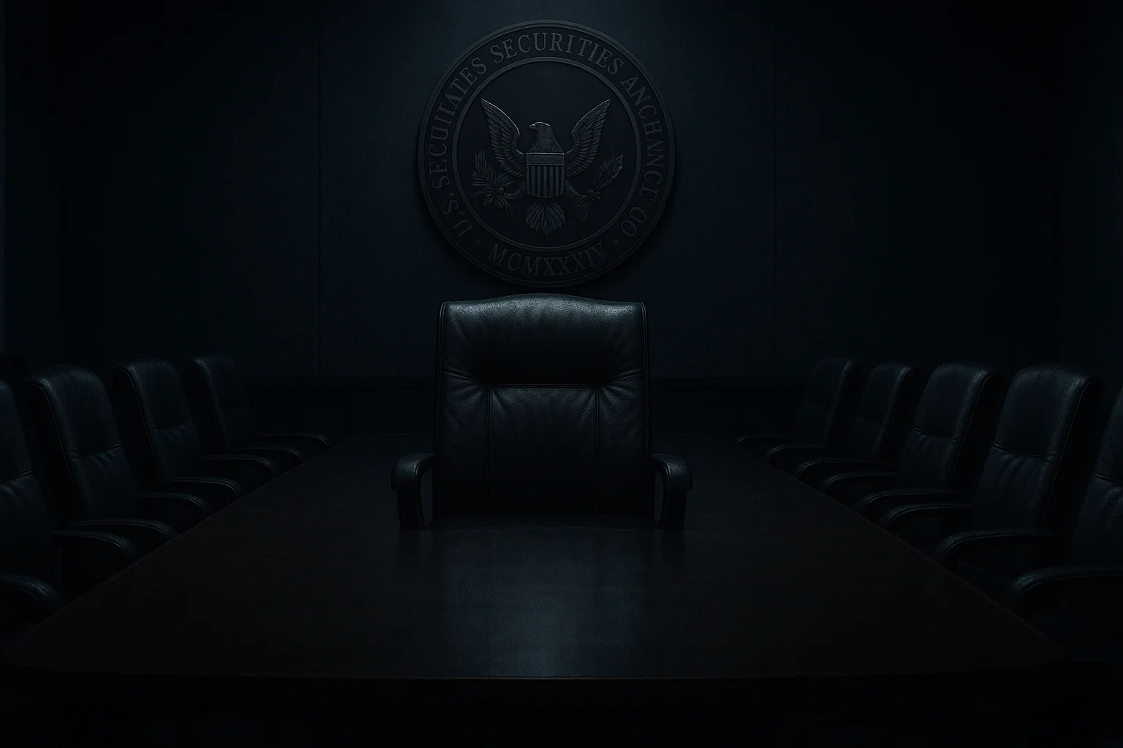 Dark conference room with a central chair and seal