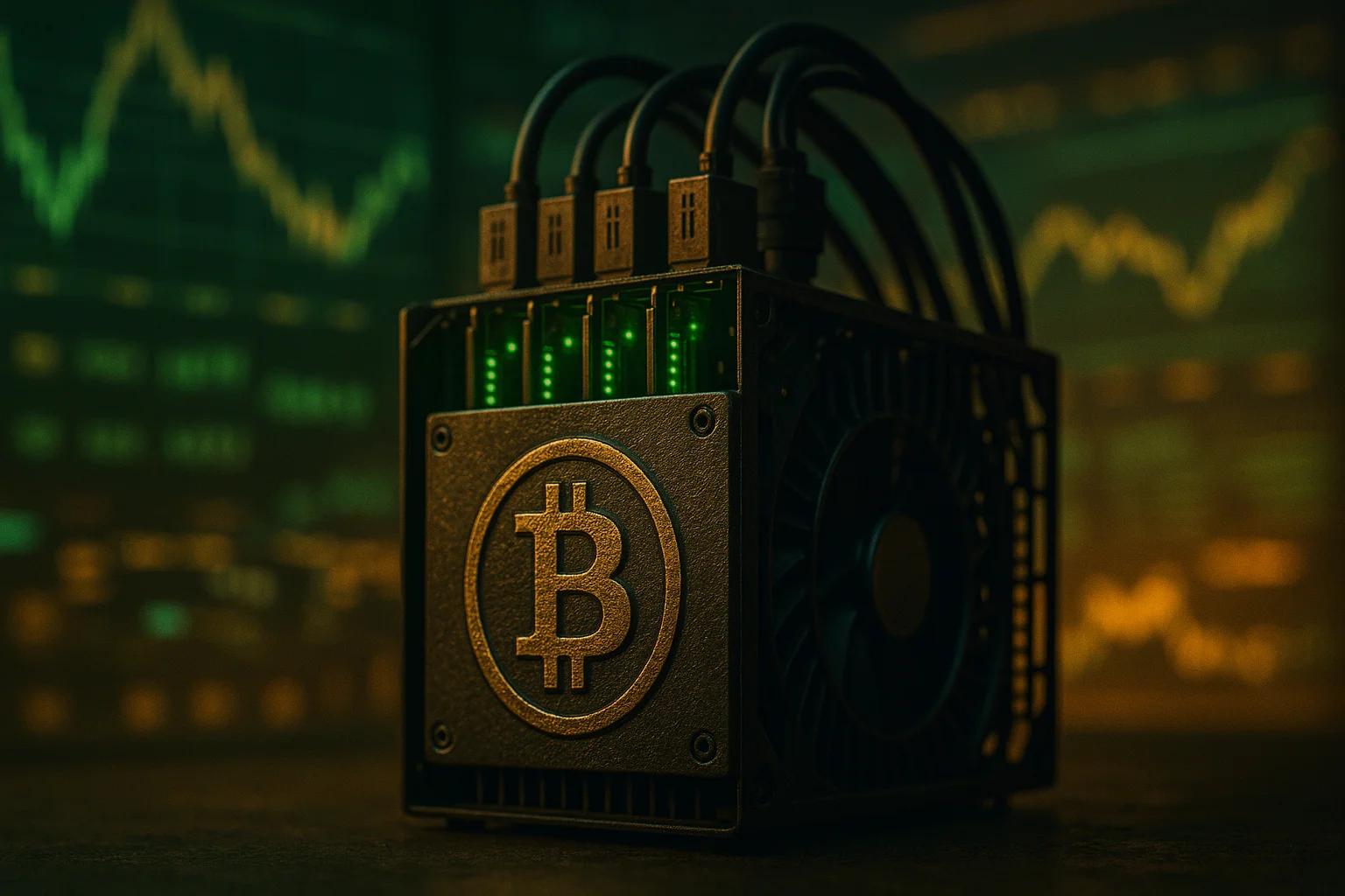 A Bitcoin mining device with glowing green lights