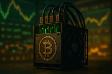 A Bitcoin mining device with glowing green lights