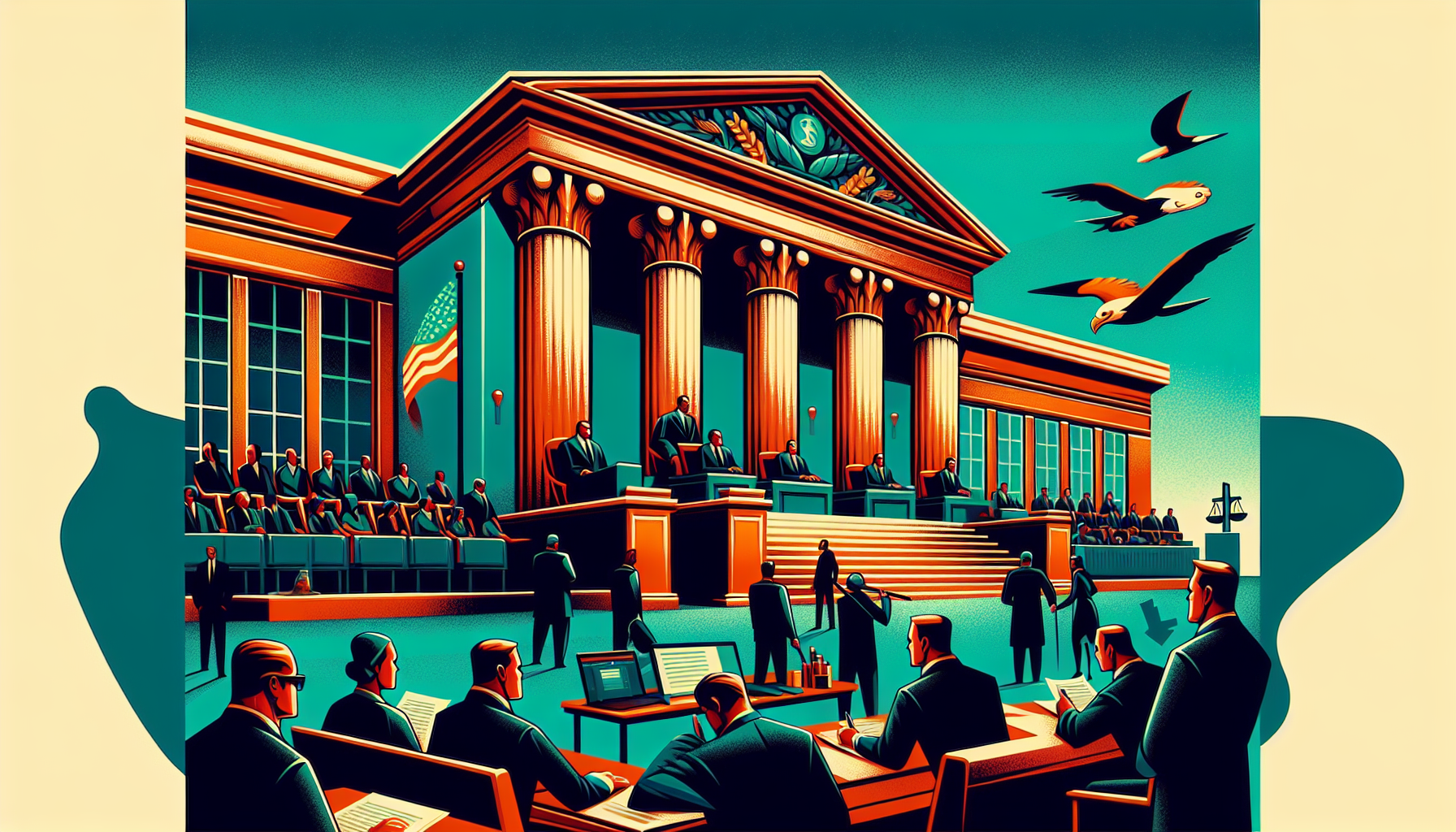 A stylized courtroom scene with judges, lawyers