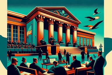 A stylized courtroom scene with judges, lawyers