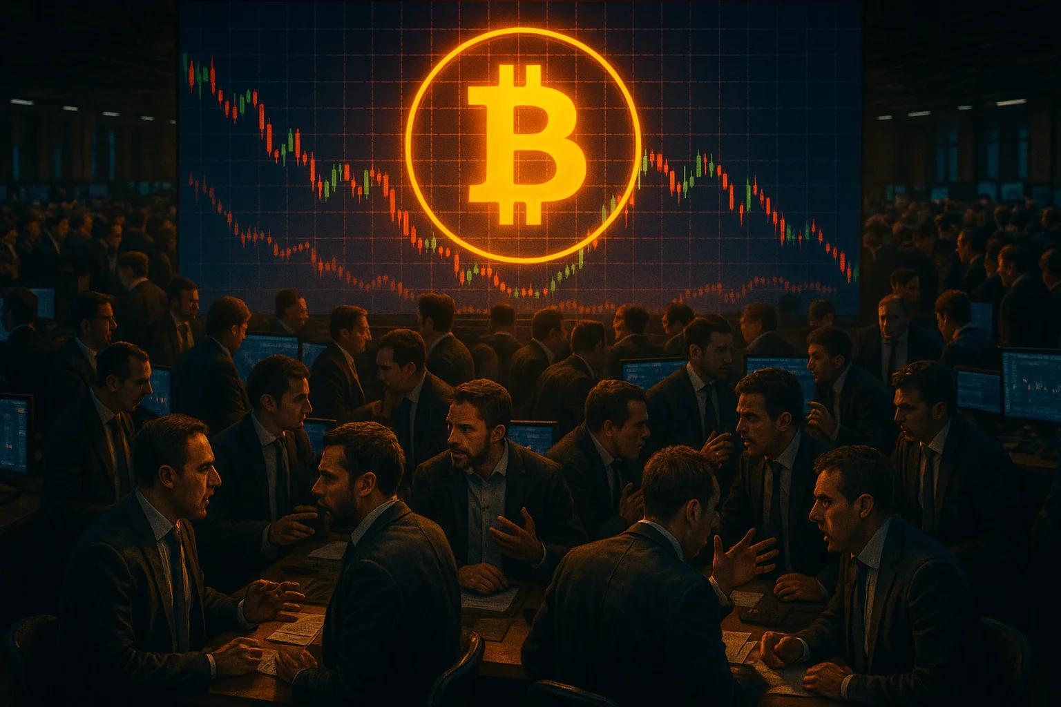 A crowded trading room with multiple screens