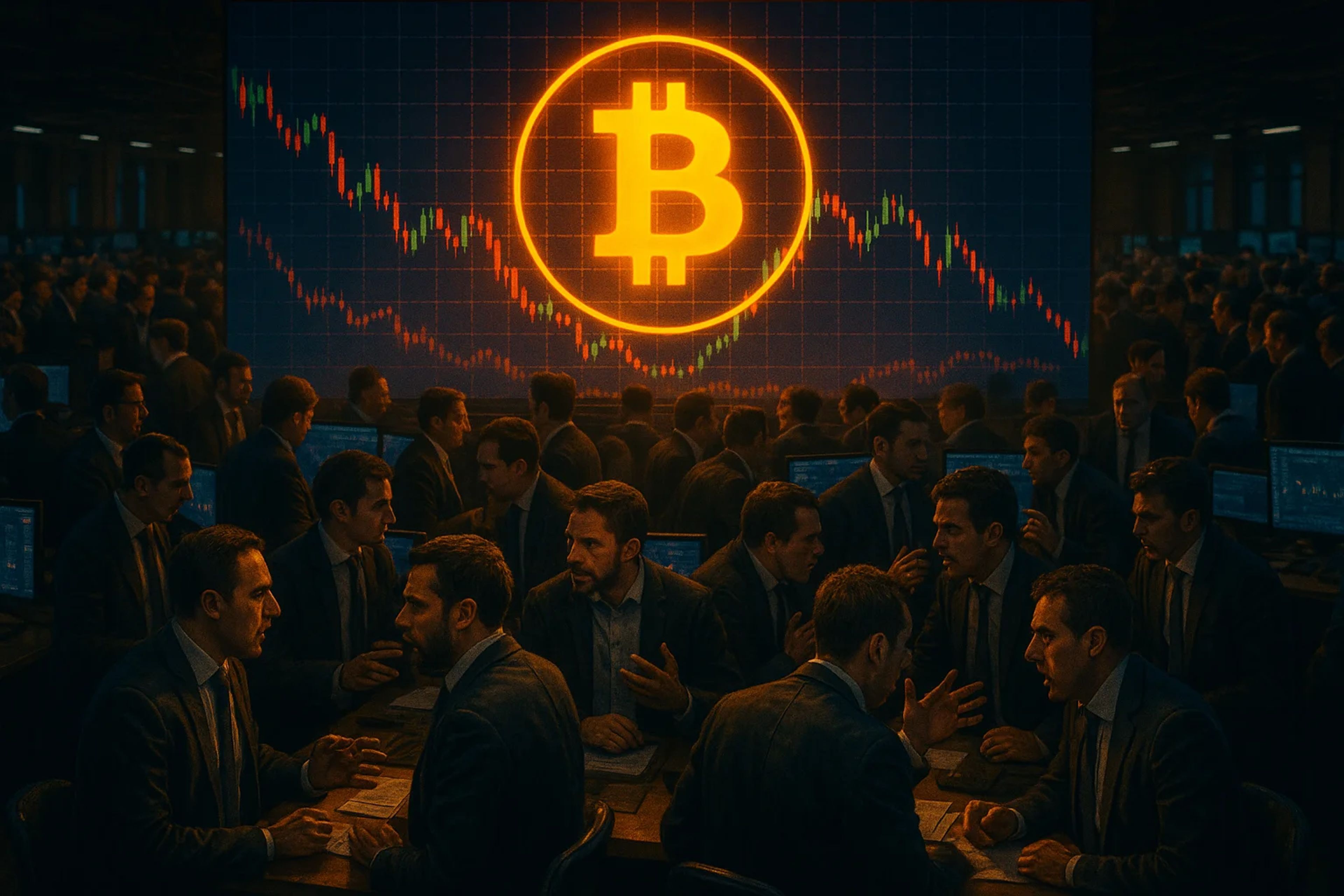 A crowded trading room with multiple screens