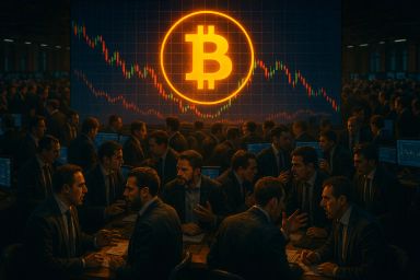 A crowded trading room with multiple screens