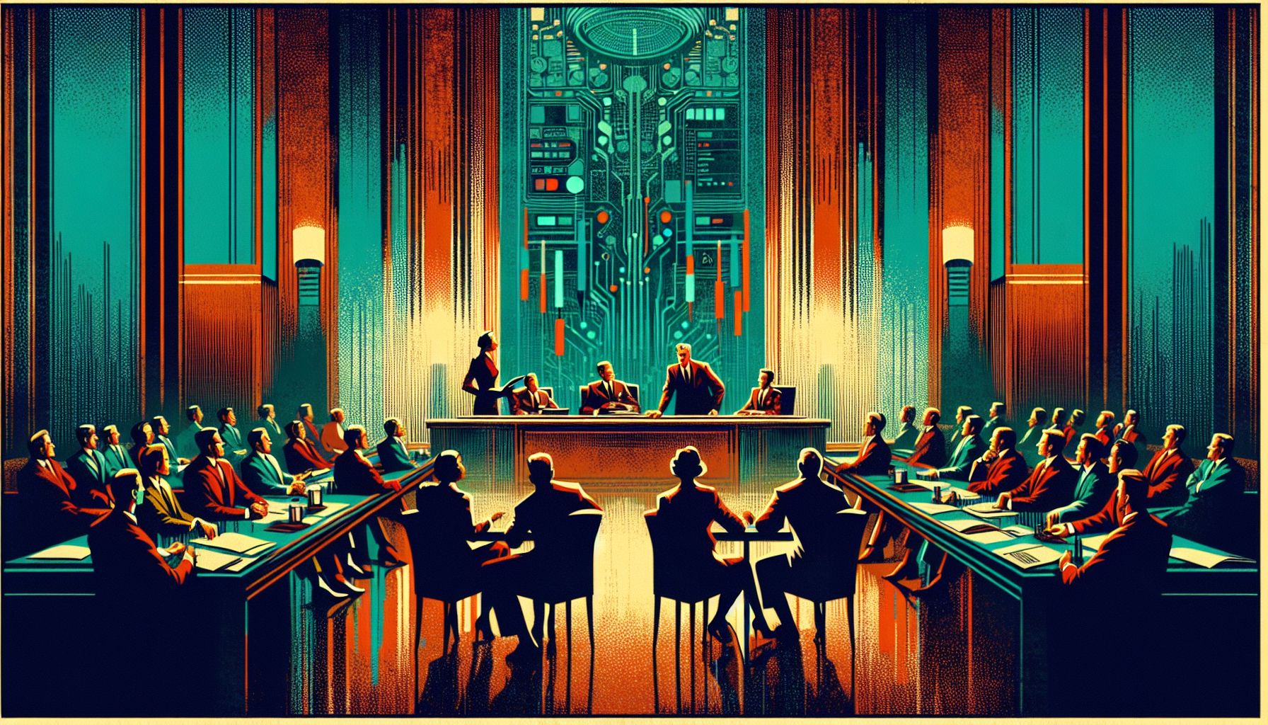 A stylized boardroom scene with a central table