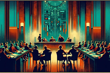 A stylized boardroom scene with a central table