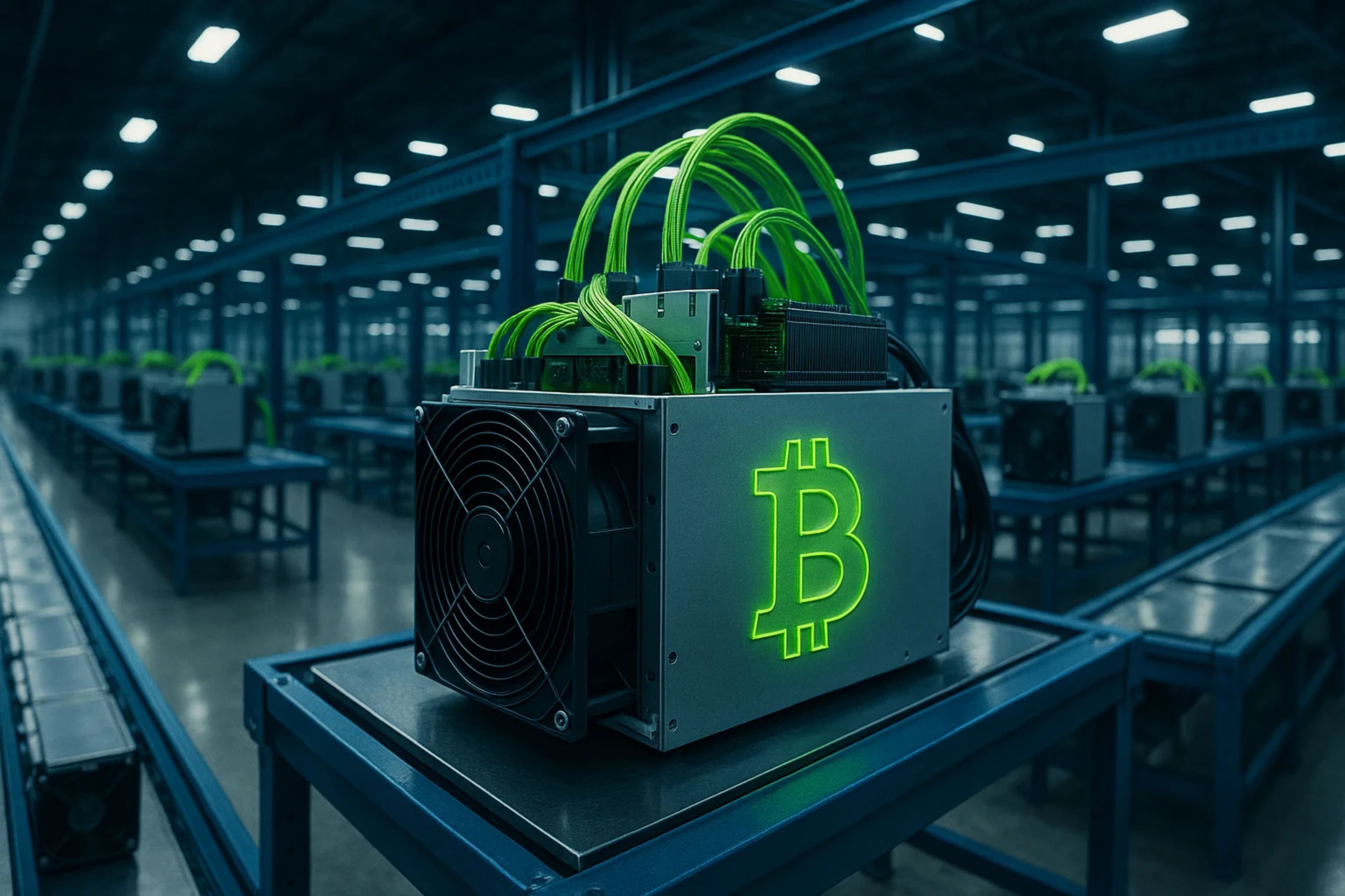 Rows of cryptocurrency mining machines with green