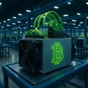 Rows of cryptocurrency mining machines with green