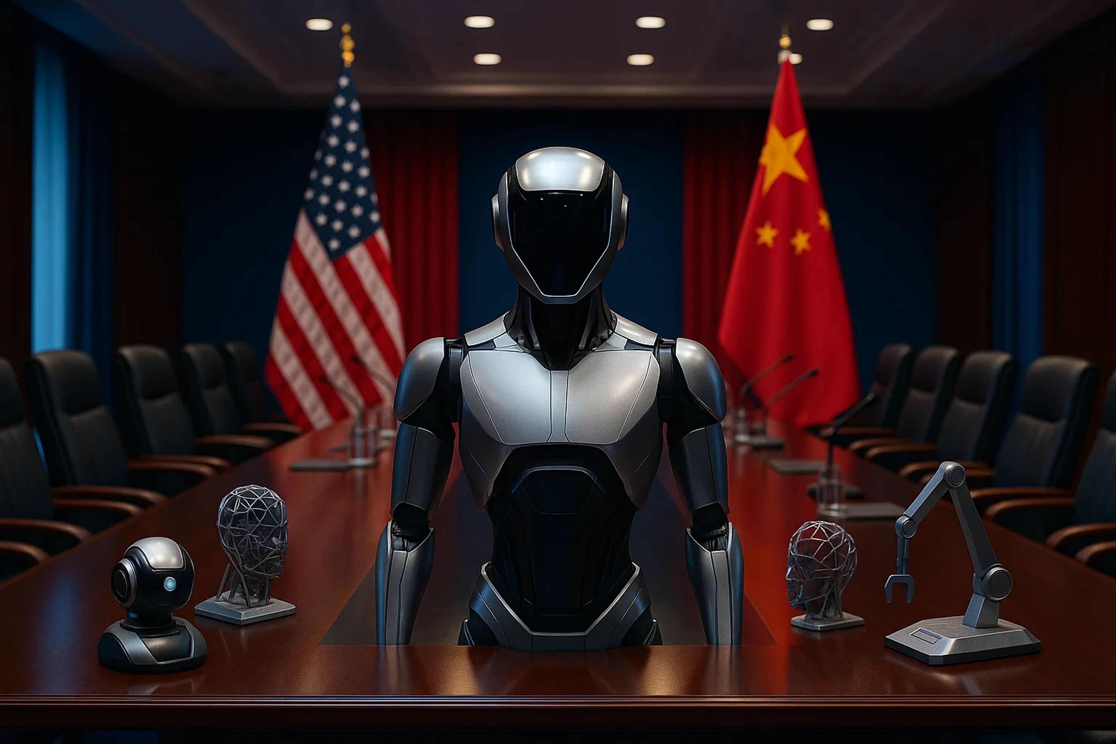 A sleek robot stands at a conference table with