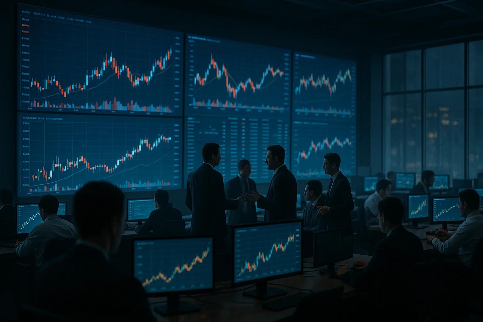 A dimly lit trading room with multiple screens