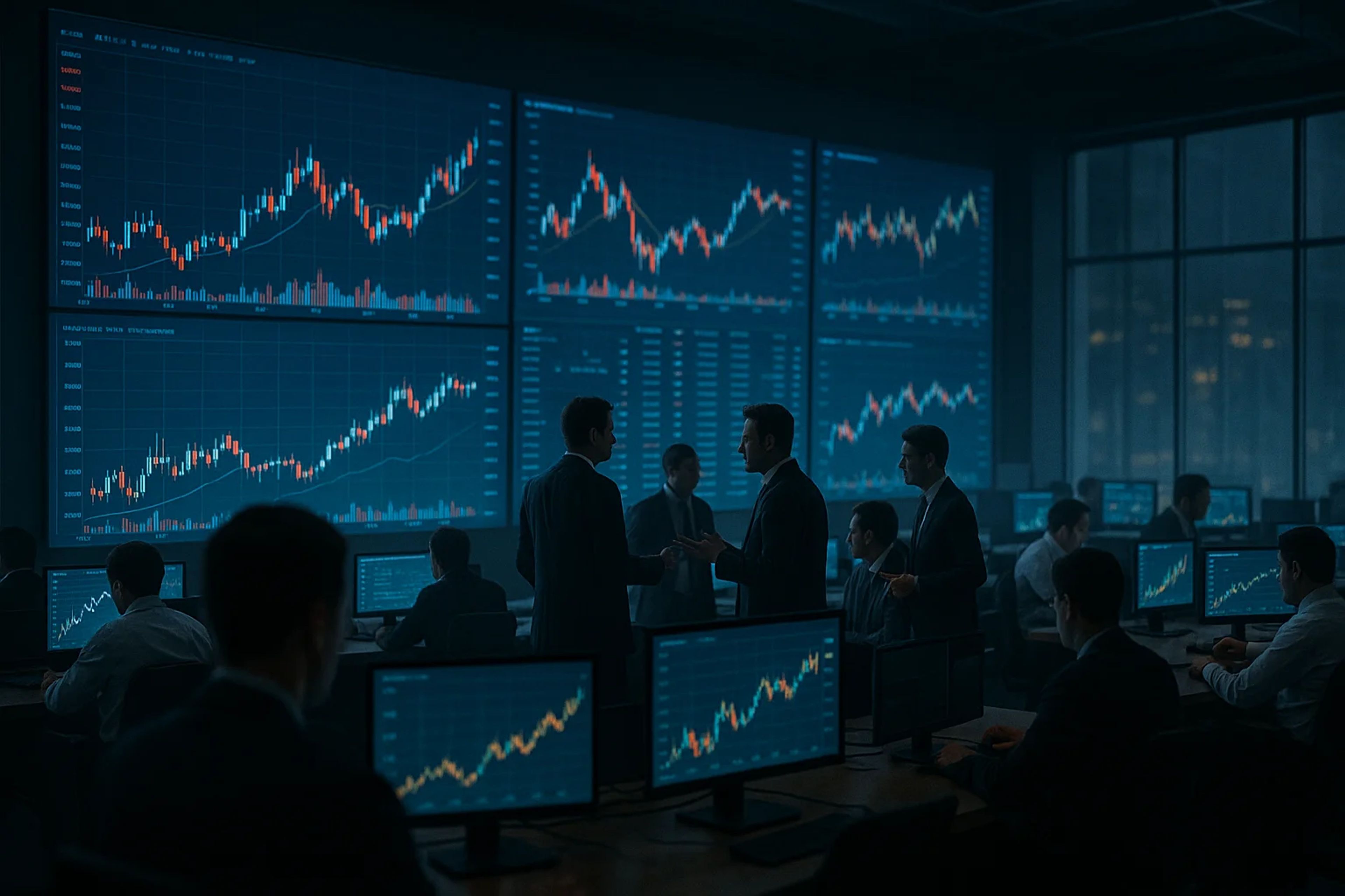 A dimly lit trading room with multiple screens