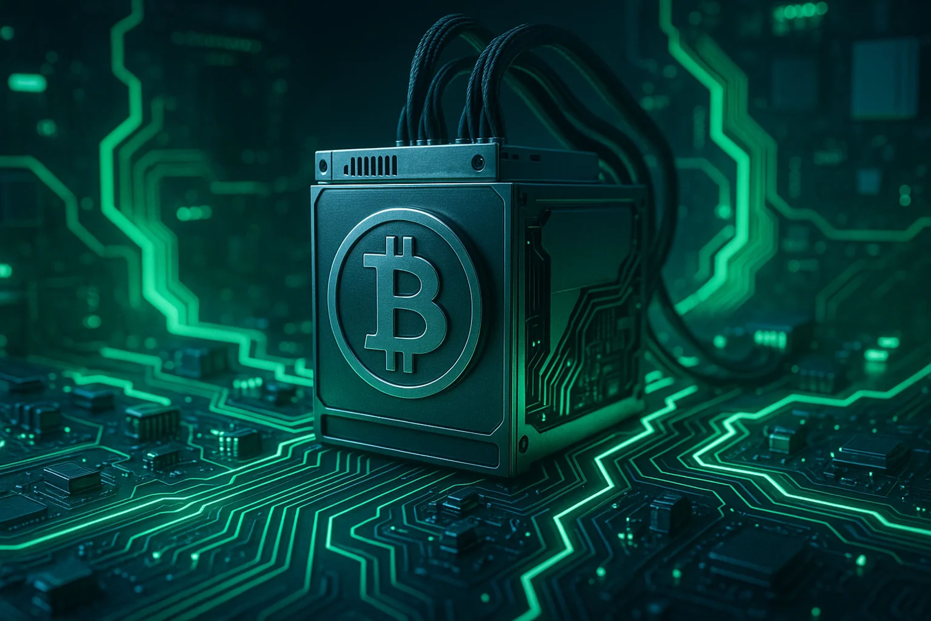 A Bitcoin mining machine on a circuit board