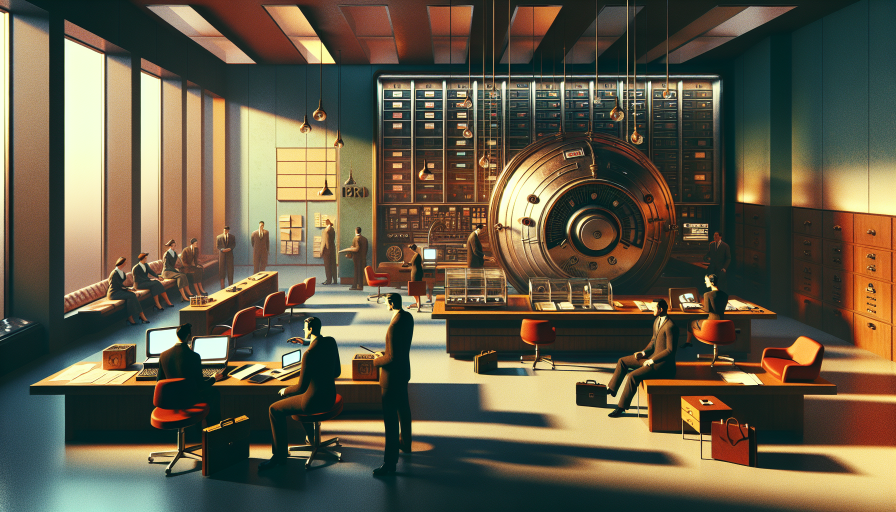 A spacious bank vault interior with a large safe