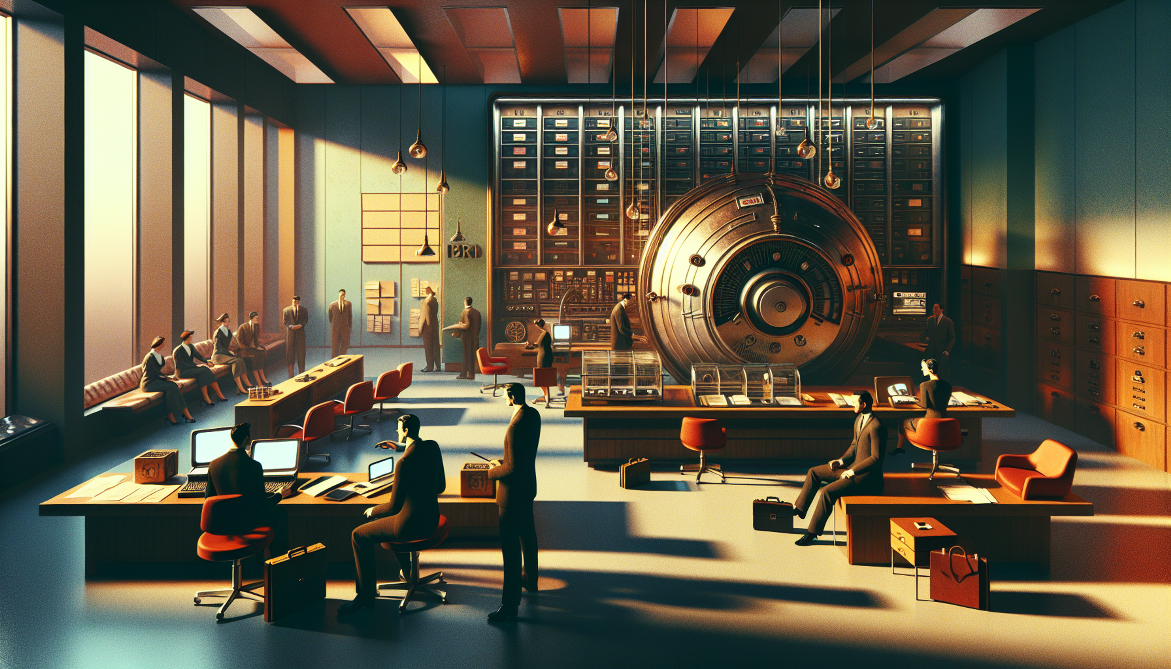 A spacious bank vault interior with a large safe